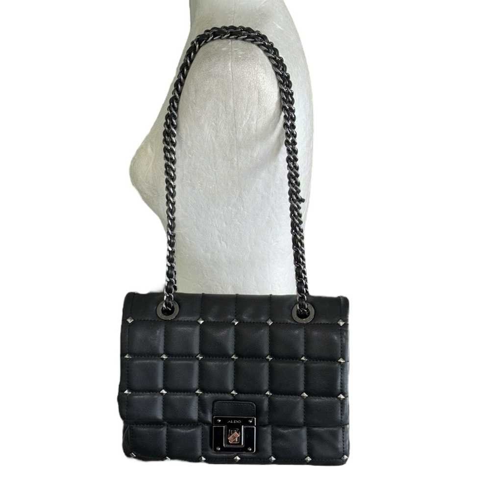 Aldo Olelirin Black Quilted Vegan Leather Silver Studded Crossbody Shoulder Bag - Picture 3 of 16